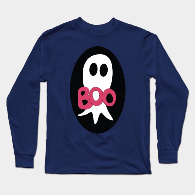 Cute Halloween ghost cartoon with BOO text Long Sleeve T-Shirt by Angel Dawn Design